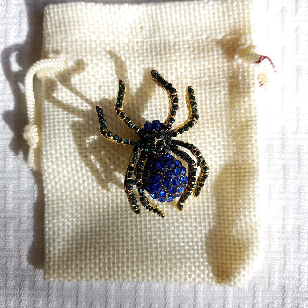 Blue Rhinestone Spider Bug Pin Broach - Picture 2 of 2